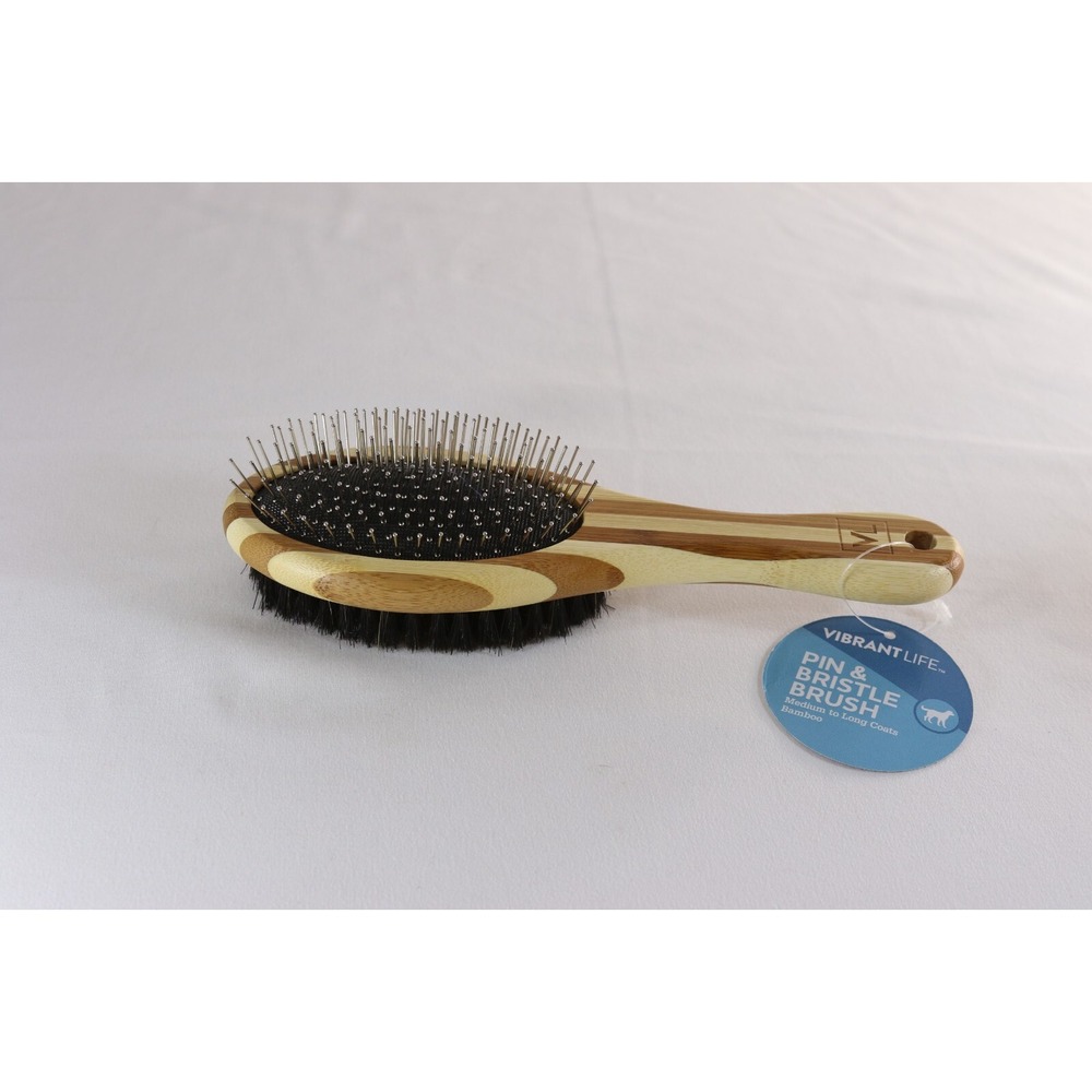 Vibrant Life Pin & Bristle Grooming Brush Bamboo Handle for Medium to Long Coats